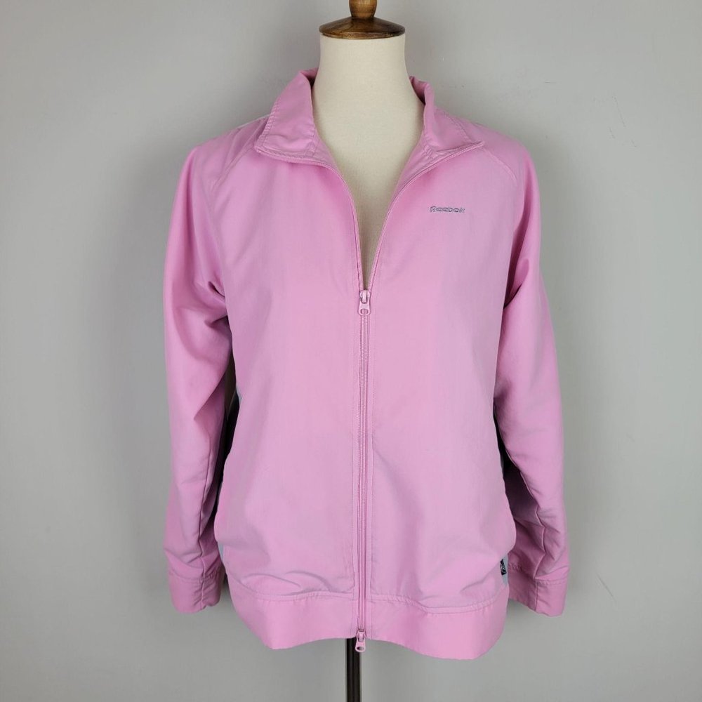 Reebok Pink Gray White Stripe Activewear Full Zip Jacket Windbreaker Size L
